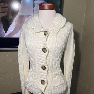 Aeropostale Y2K Cream Cable Knit cardigan with large collar and pockets‎